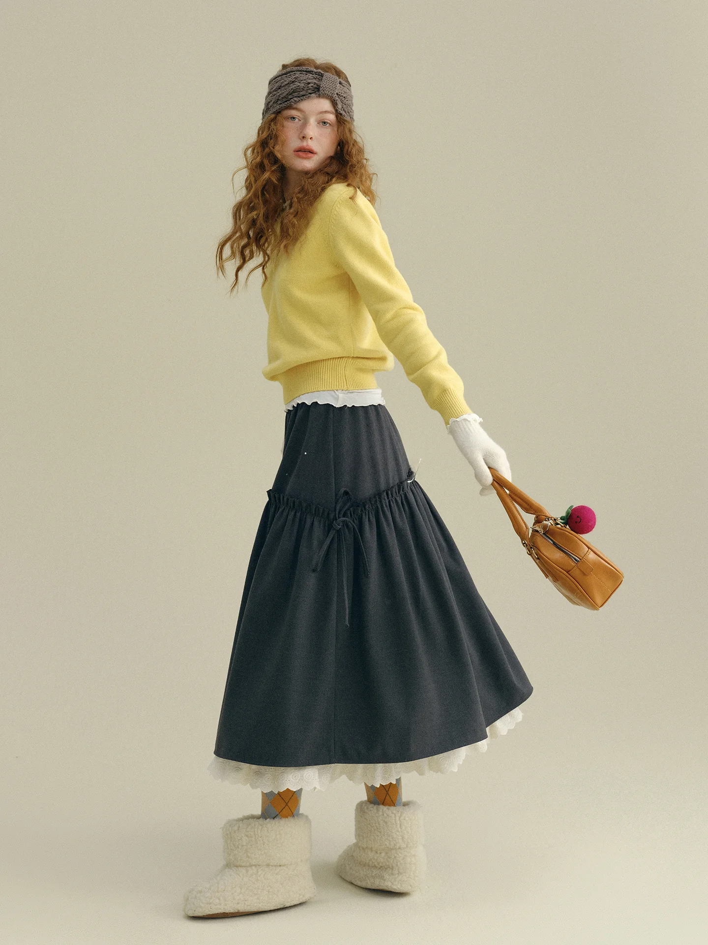 

Rina Berry Elastic Waist A-Line Skirt Floral Lace Splicing Design Casual Versatile f-length Skirt for Women