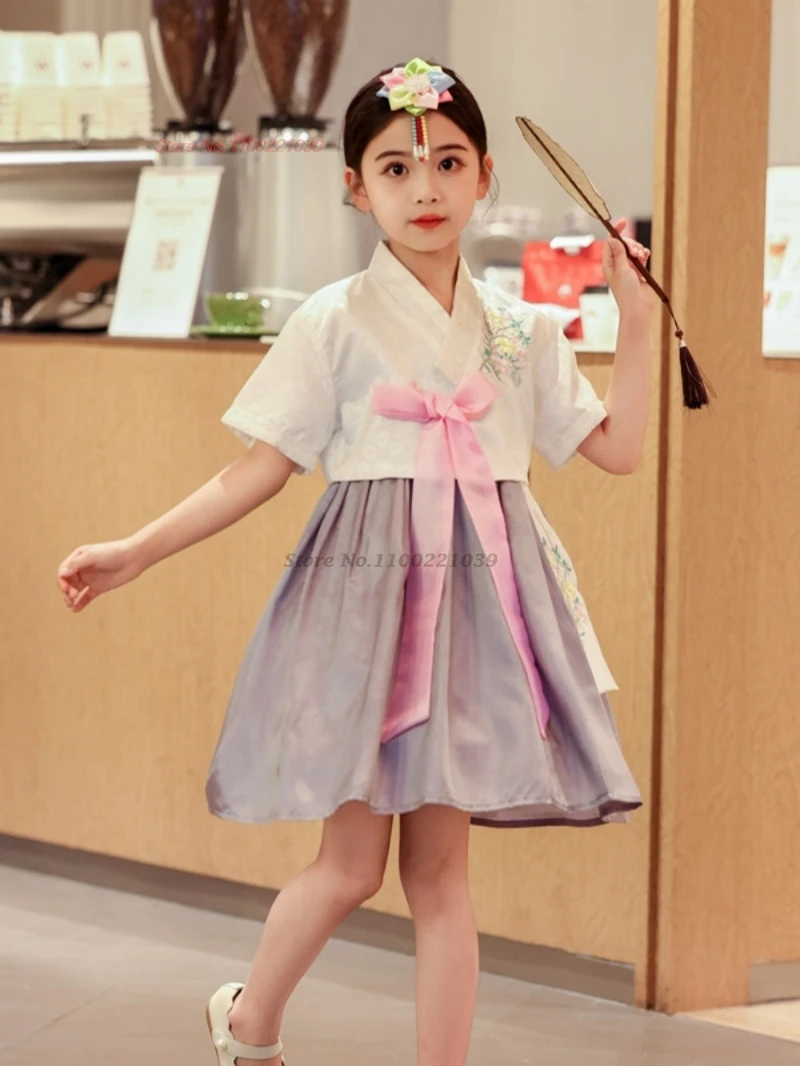 

2025 национальная детская танцевальная одежда, классический корейский элегантный народный костюм, винтажное платье для выступления на сцене, ханбок с цветочной вышивкой