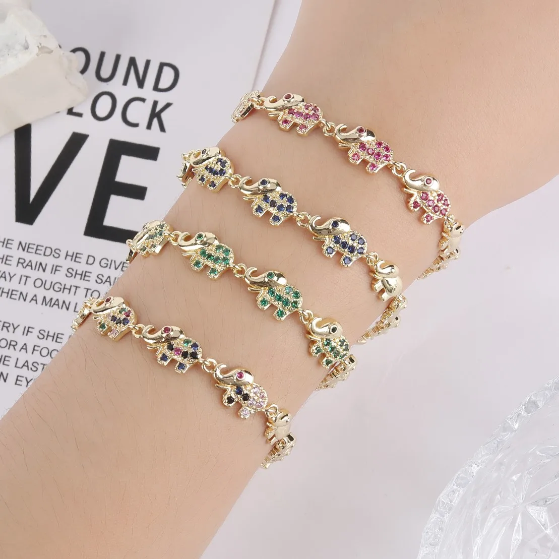 Graces Cute Elephant Animal Shiny 7 Color Zircon CZ Stone Gold Color Charm Bracelets Bangles for Ladies Trendy Jewelry