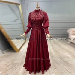 Burgundy Chiffon Evening Dress Customized Dubai Muslim Floor Length Sequin Applique Formal Wedding Party Guest Vestido De Fiesta