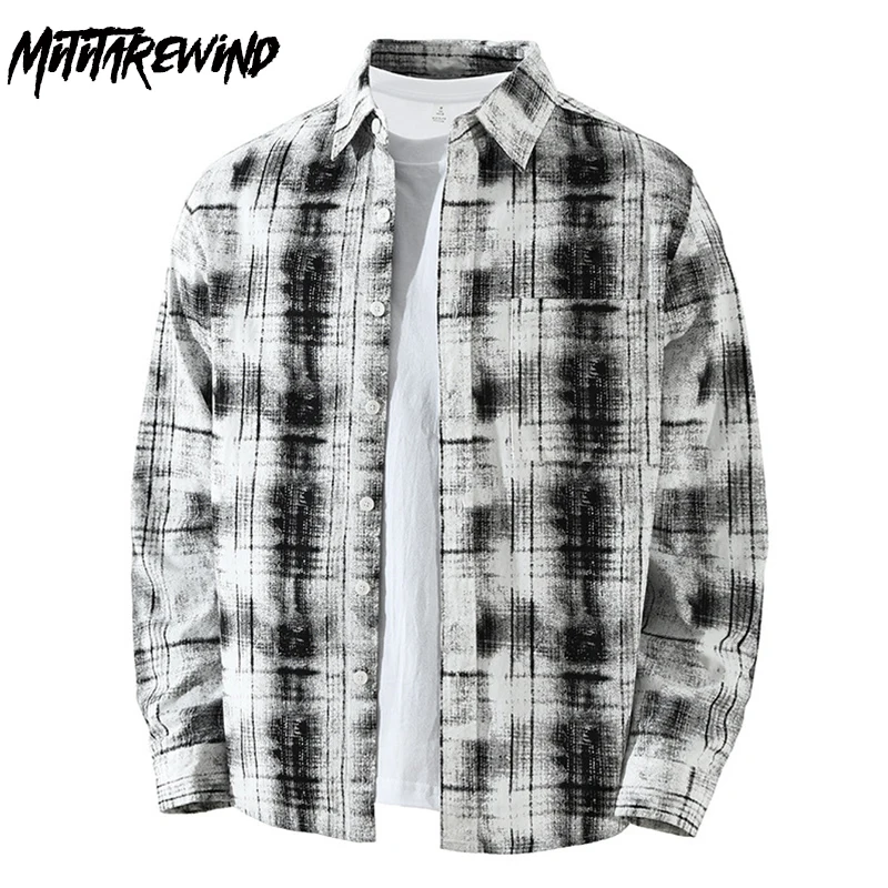 Spring New Plaid Long Sleeve Shirts Man Japanese Style Tie Dye Vintage Shirt Men Causal Pure Cotton Top Streetwear Shirt Jacket