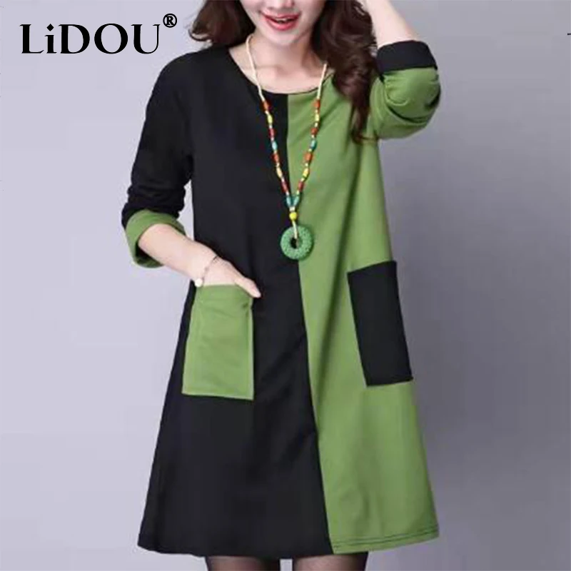 Spring Autumn Casual Fashion Patchwork Long Sleeve Dress Women O Neck Simple Pocket Loose Dresses Robe Femme All-match Vestidos