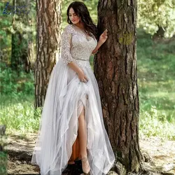 LAYOUT NICEB Plus Size Lace Appliques Wedding Gowns V-Neck Three Quarter Sleeves Bride Dresses Side Split vestidos para mujer