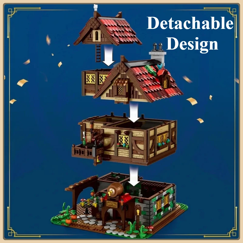 Modello di bistrot medievale con vista stradale europea Taverna Set di blocchi di costruzione Architettura Ornamento da scrivania Regalo di Natale per bambini