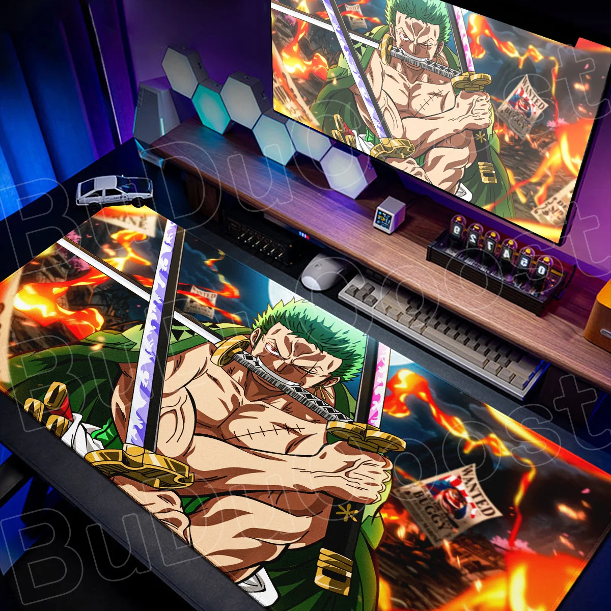 Alfombrilla de ratón de anime de One Piece con borde cosido, protector de escritorio para laptop, accesorios de oficina y gaming para PC, regalo para niño, alfombra duradera de Zoro