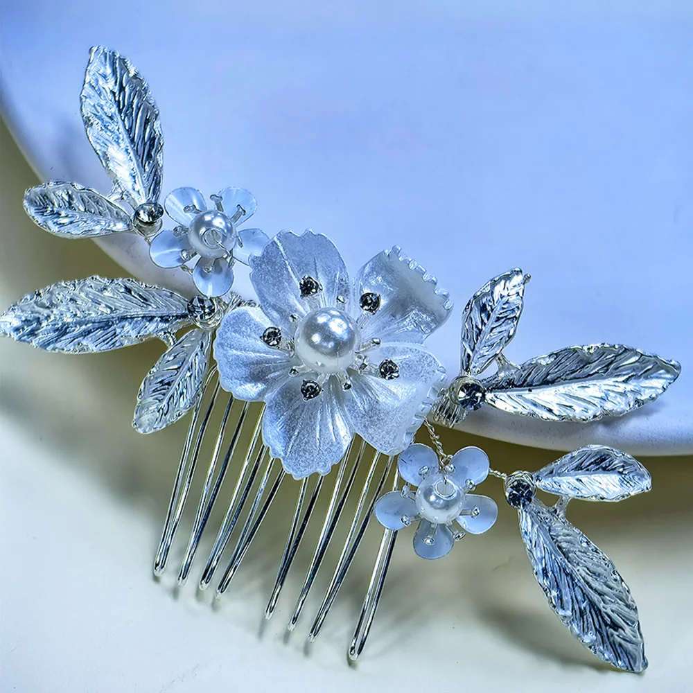 Peineta para el pelo de boda, flor de perla, pieza para el cabello, adorno para el cabello nupcial con diamantes de imitación para mujer