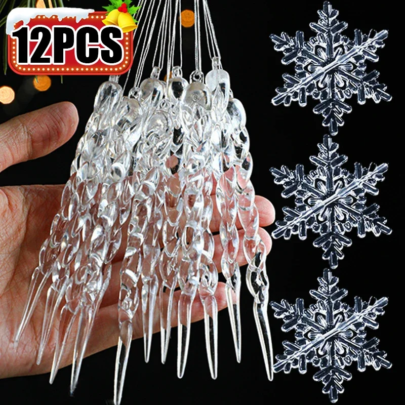 2/12pcs Simulation Acrylic Snowflake Pendants Transparent Ice Drop Icicle Christmas Tree Hanging Ornaments Home Gift Decorations