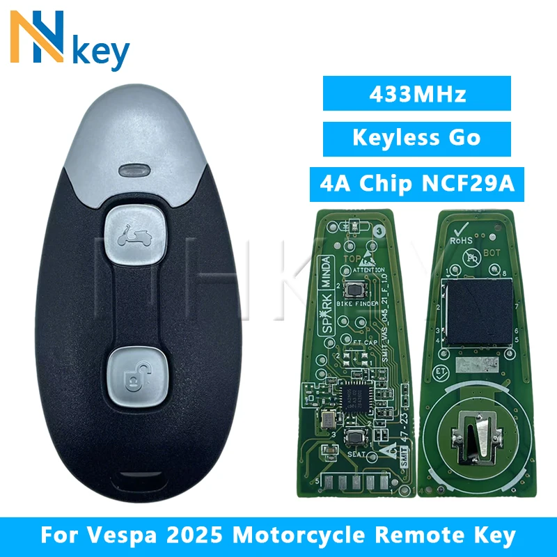 

NHKEY для Vespa 2025 года, модель автомобиля, дистанционный ключ для мотоцикла, чип 4A NCF29A, 433 МГц, Fsk, 2 кнопки, ключ для скутера