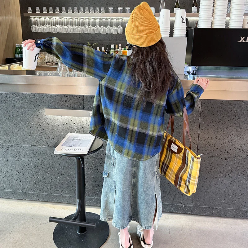 Spring Child Long Sleeve Plaid Shirts for Girls Fashion High Street Outerwear Teenage Kids Cotton Plaid Blouse 5 7 9 11 13 14 Y