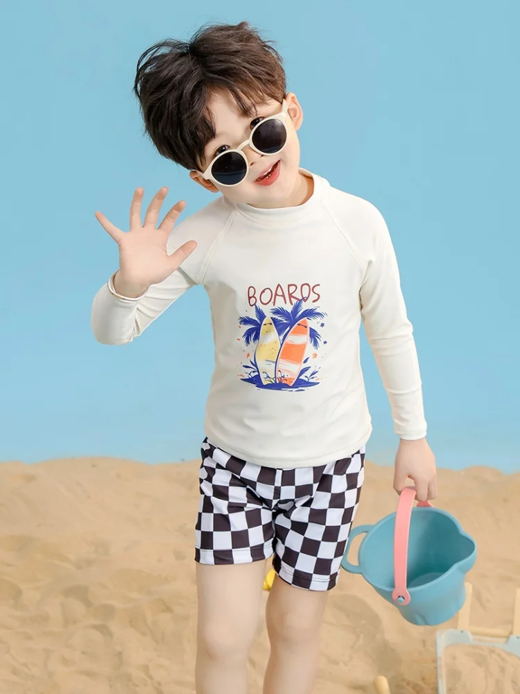 

Boy Kids Swimsuit 2025 New Coconut Tree Long Sleeves Children Swimwear Summer Two Piece Plaid Shorts Beach Bathing Suit Swimming