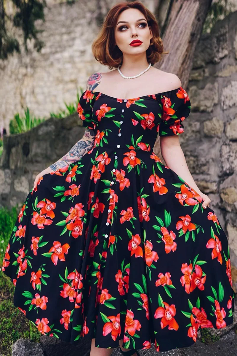 Plus Size Sweet Women\'s Dress Black Party Floral Print Off The Shoulder Single-breasted Fitted Waist Swing Bell Midi Dress