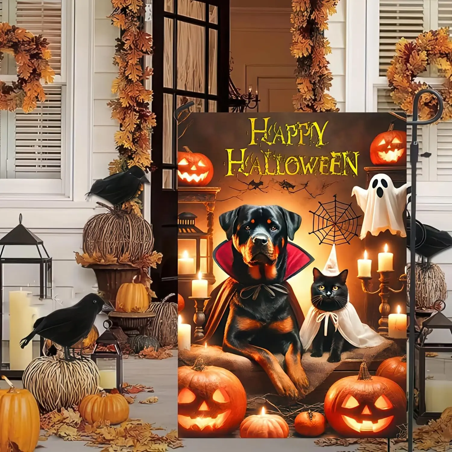 Happy Halloween Garden Flag Double Sided 12x18 Flag Halloween Cat Dog Ghosts Pumpkins Garden Flag Holiday Decoration Rottweiler