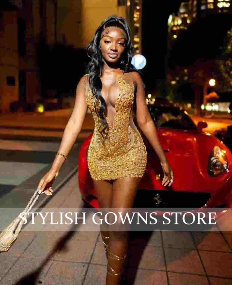 Gold Sheer O Neck Short Prom Dresses for Black Girls Beaded Crystal Rhinestone Birthday Party Dress Mini Cocktail Customized