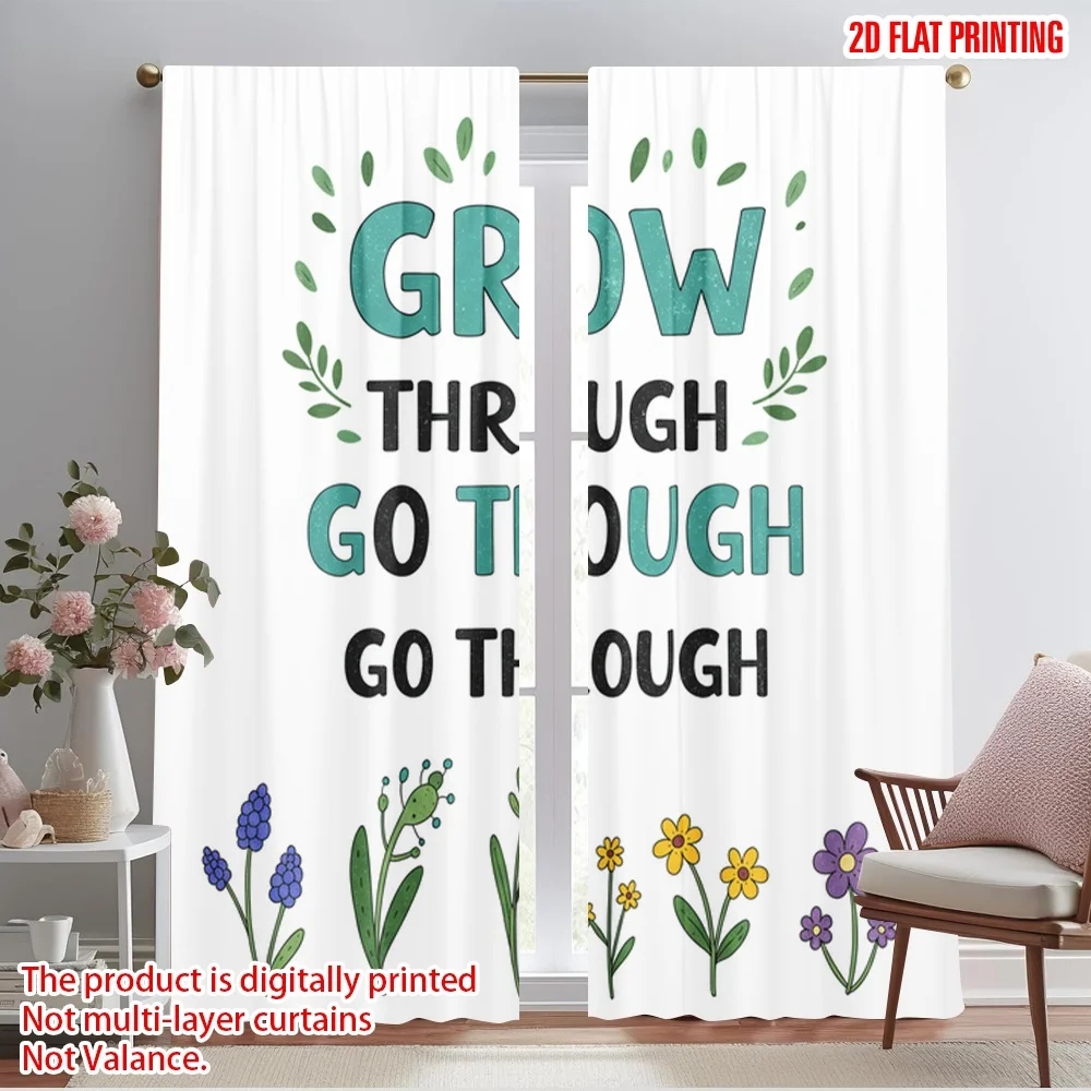 

2pcs 2D flat printing Drapes Grow Through What You Go Through Motivational Wall 100% Polyester Fabric Without Electricity