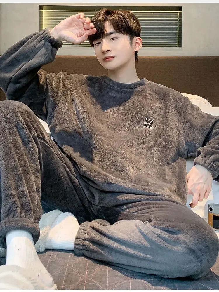 Korean Style Letter Print Coral Fleece Pajamas Men's Thin Fleece Home Clothes Long Sleeve Straight Leg Comfortable Sleepwear