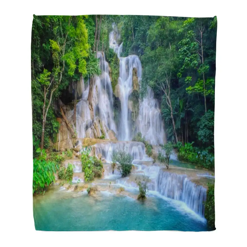 Waterfall Tree Throw Blanket Natural Scenery Forest River Blanket for Sofa Couch Chair Or Dorm Soft Fleece Flannel Plush Blanket
