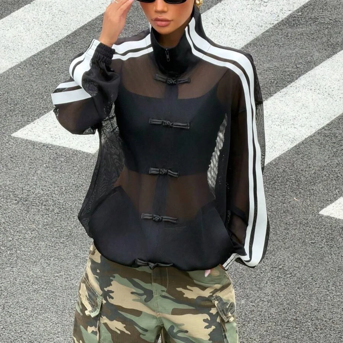 2026 Summer see through thin style New Chinese style buckle Harajuku Punk design jacket Stand up collar baseball cardigan Jacket