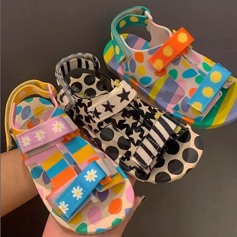 Mini Melissa Colorful Contrast Children\'s Sandals Baby Kids Canvas Button Flat Bottom Sandals Boys Girls Roman Beach Jelly Shoe