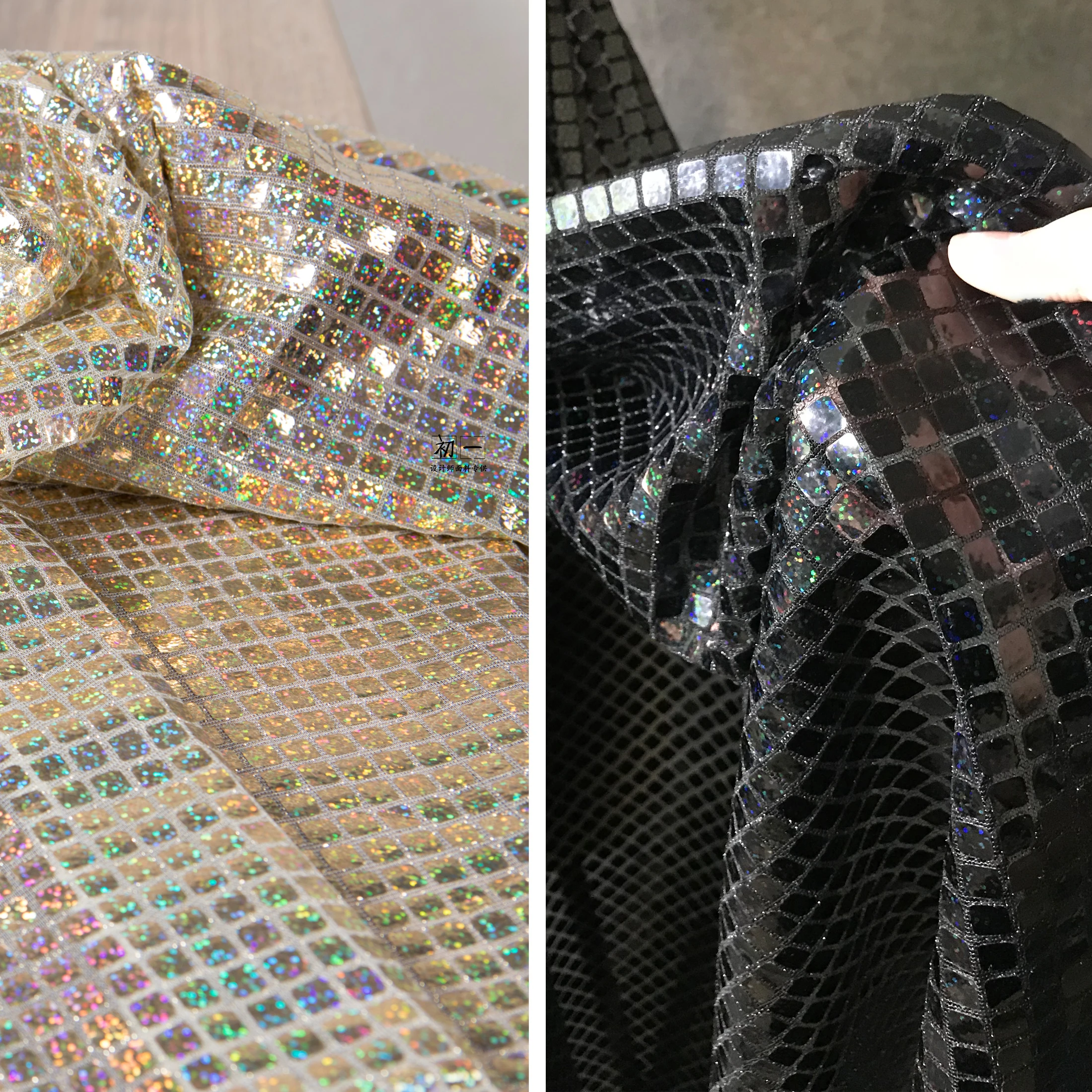 

New geometric checkered iriered gauze laser 8cm sequin sewing evening dress stage performance dress fashion design diy fabric