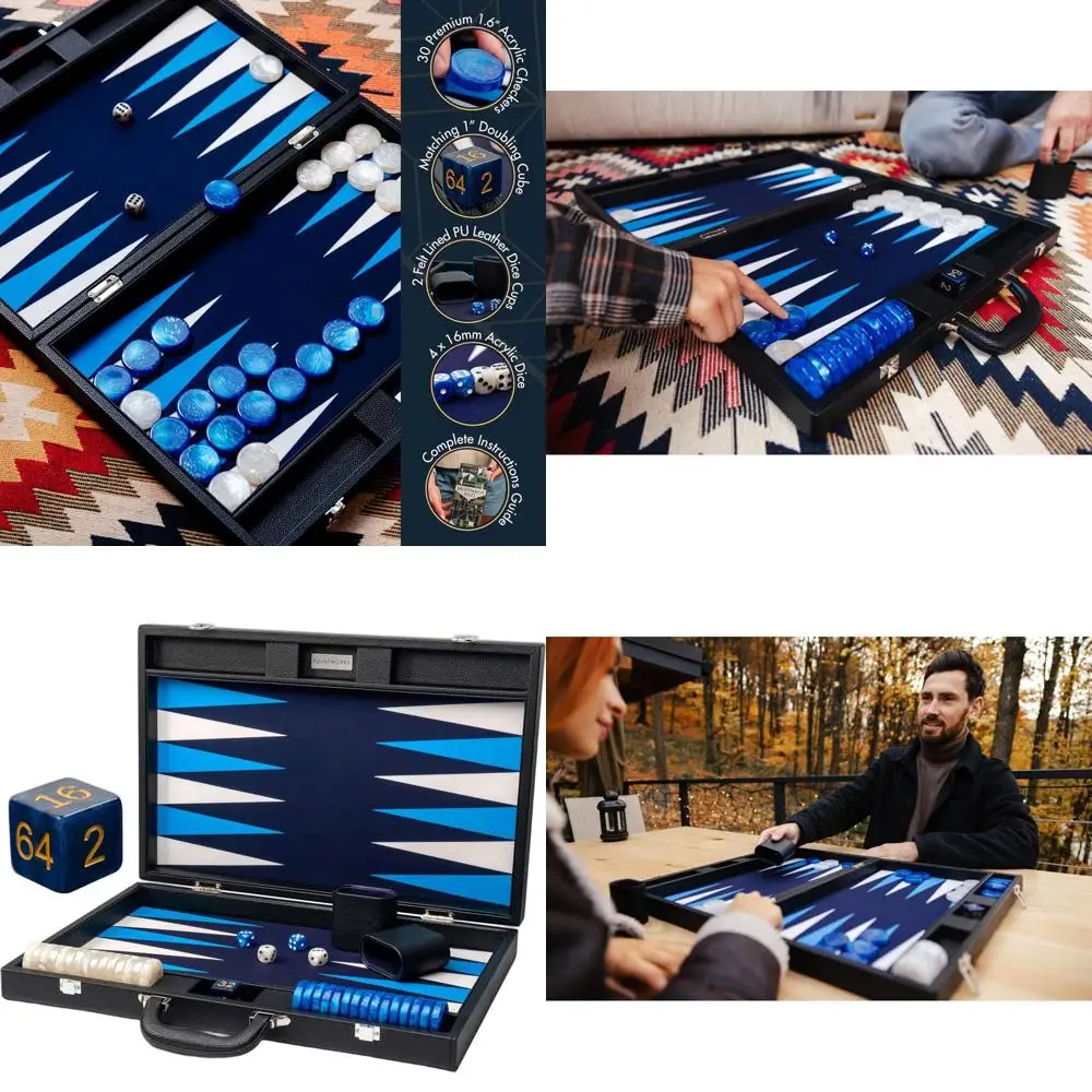 

Adults' 19 Leather Backgammon Set in Black & Blue with 1.6 Checkers and Dice