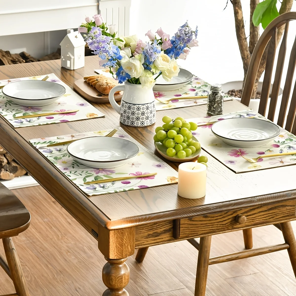 4Pcs, Watercolor Wildflower Butterfly Placemats, Washable, Suitable for Holiday Parties, Home Decor, Kitchen Countertops, Rectangular