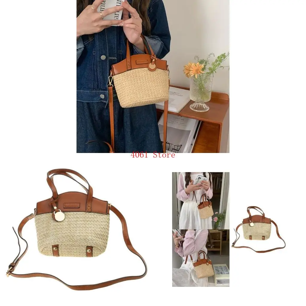 

Woven Straw Shoulder Crossbody Bag PU Leather Spliced Beach Small Handbag Purse with Top Handle Bucket Bag for Women