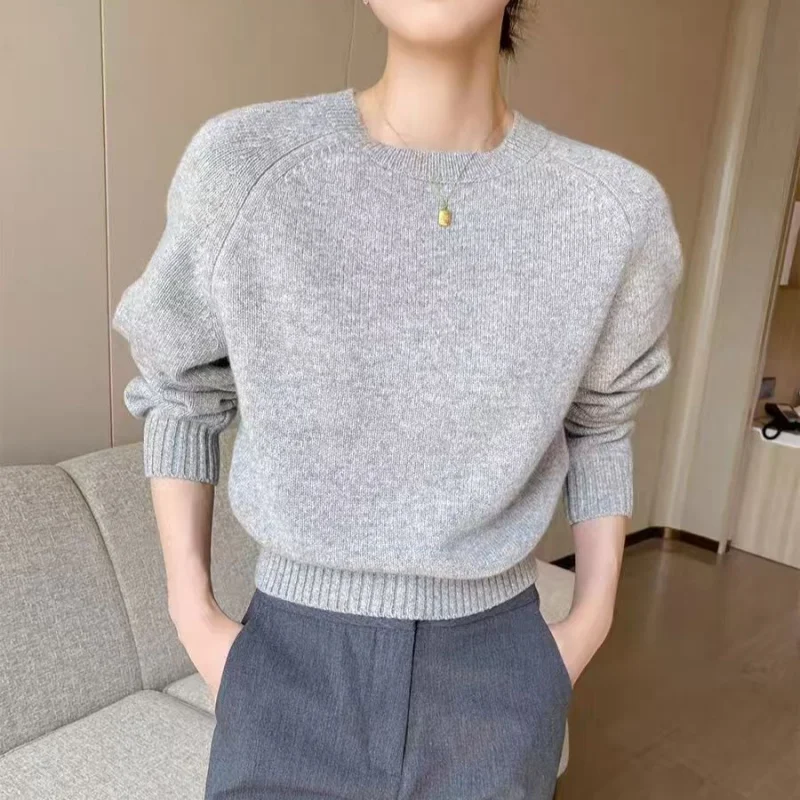 Women's Pure Cashmere Blue Round Neck Long Sleeve Knitted Sweater Autumn/Winter 2024 New Arrival Versatile Simple and Elegant Pu