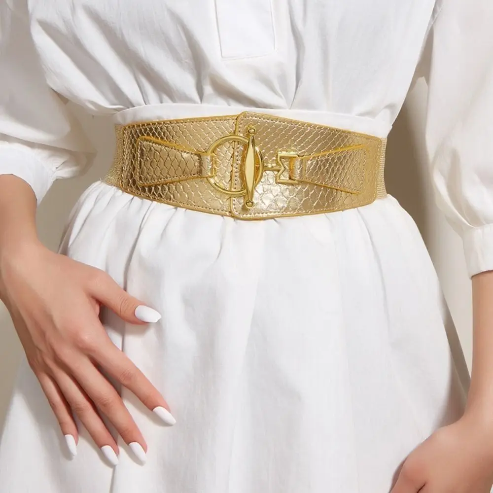 

Metal Elastic Wide Side Belt High Quality Polyester PU Leather Metal Buckle Dress Decoration Gold Coloured Buckle Belt