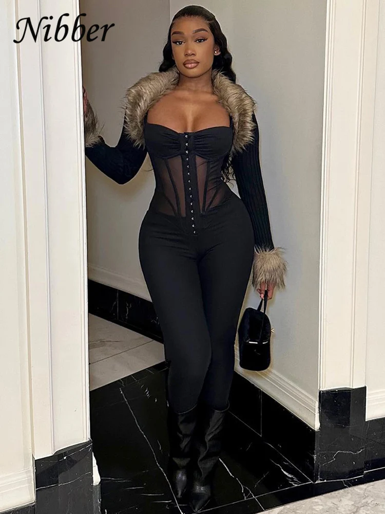Nibber Sexy Mesh Patchwork Jumpsuits Women Solid Color Sleeveless Tight Body-shaping Hipster Female Skinny One Piece Overalls