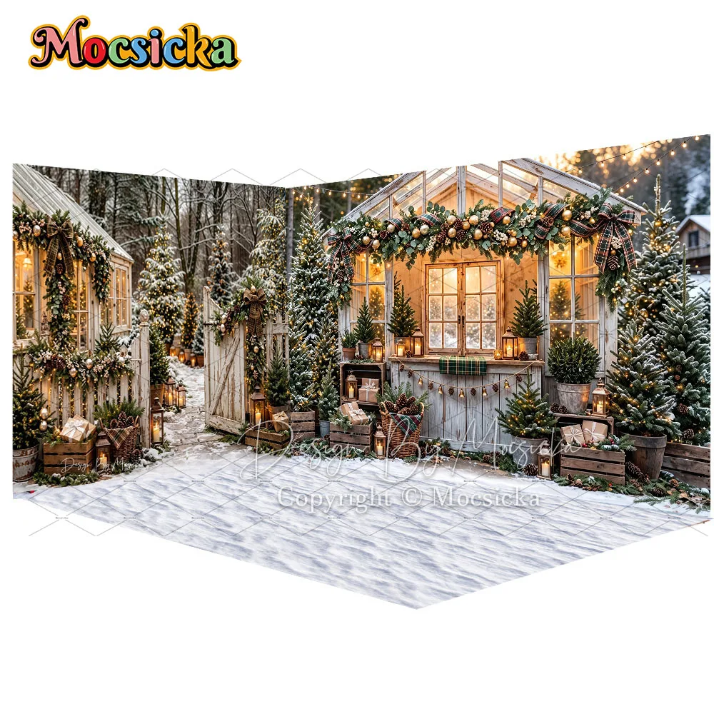 Mocsicka Rustic White Greenhouse Christmas Backdrop Photography Xmas Corner Snowy Forest Background Winter Family Photo Studio