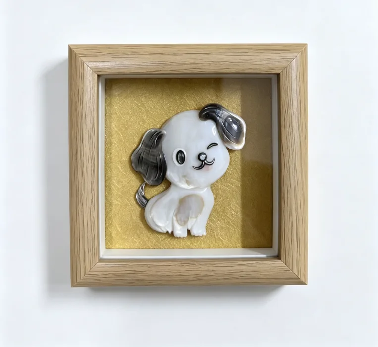 Natural Shell Inlay Puppy Framed Art Picture, Hand‑Carved Shell Craft Photo Frame, Cute Dog Desktop Ornament Home Decor Gift