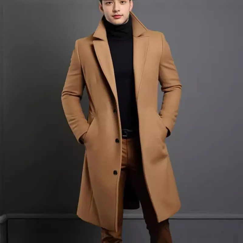 Men's Medium to Long Woolen Coat Warm Youthful Style Winter Fashion Outerwear Classic Length Single-Breasted Closure