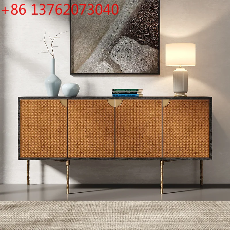 

Medieval style dining side cabinet retro rattan storage cabinet household living room decoration cabinet