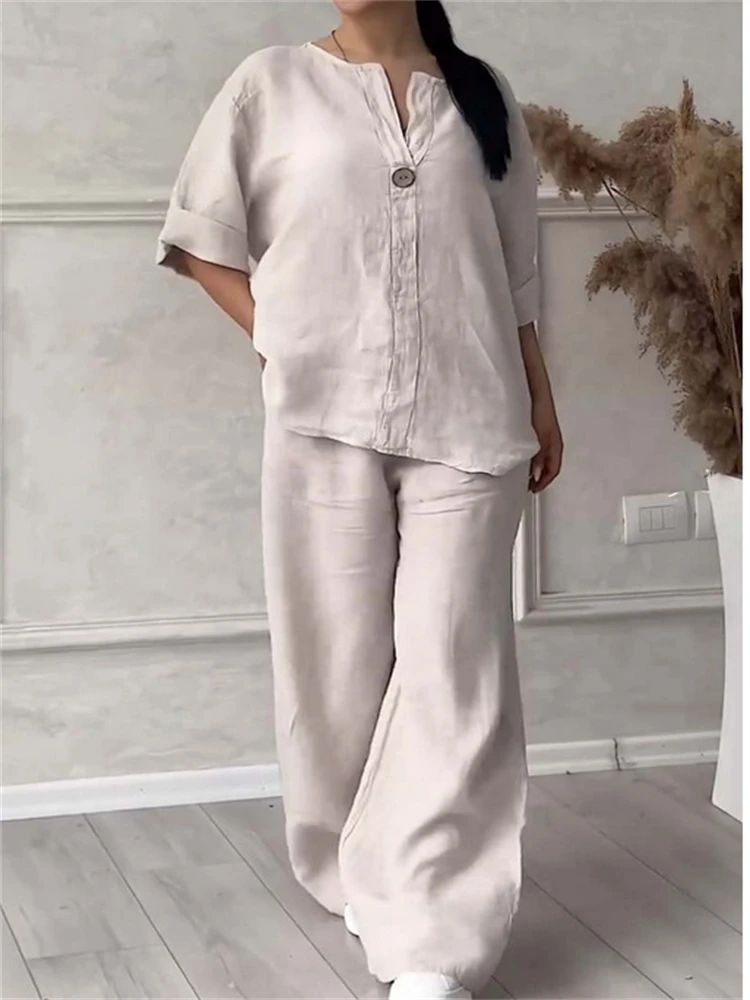 Women Casual Solid V Neck Set Fashion Autumn Spring Two piece Set Cotton and Linen Sets Shirt Top Wide-leg Pant Long Sleeve Suit