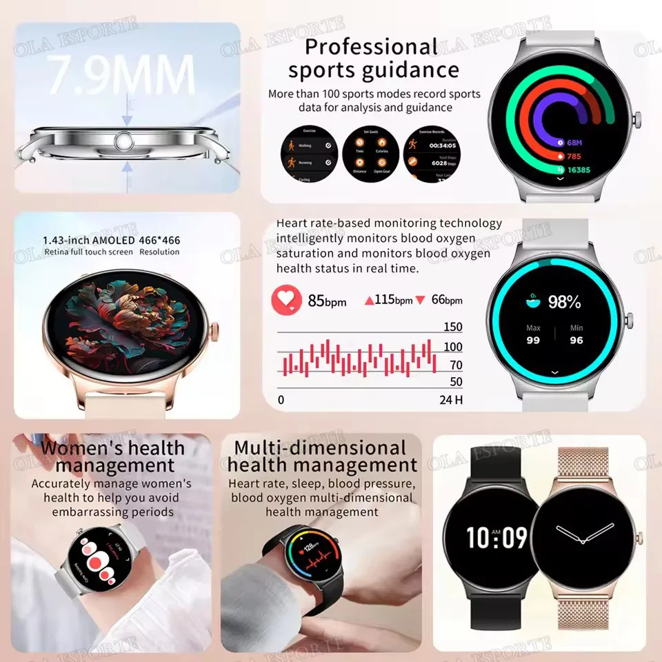 رقيقة جدا Smartwatch النساء 1.43 "HD AMOLED شاشة بلوتوث دعوة الساعات الذكية معدل ضربات القلب الصحة الرياضة اللياقة البدنية لنظام أندرويد IOS