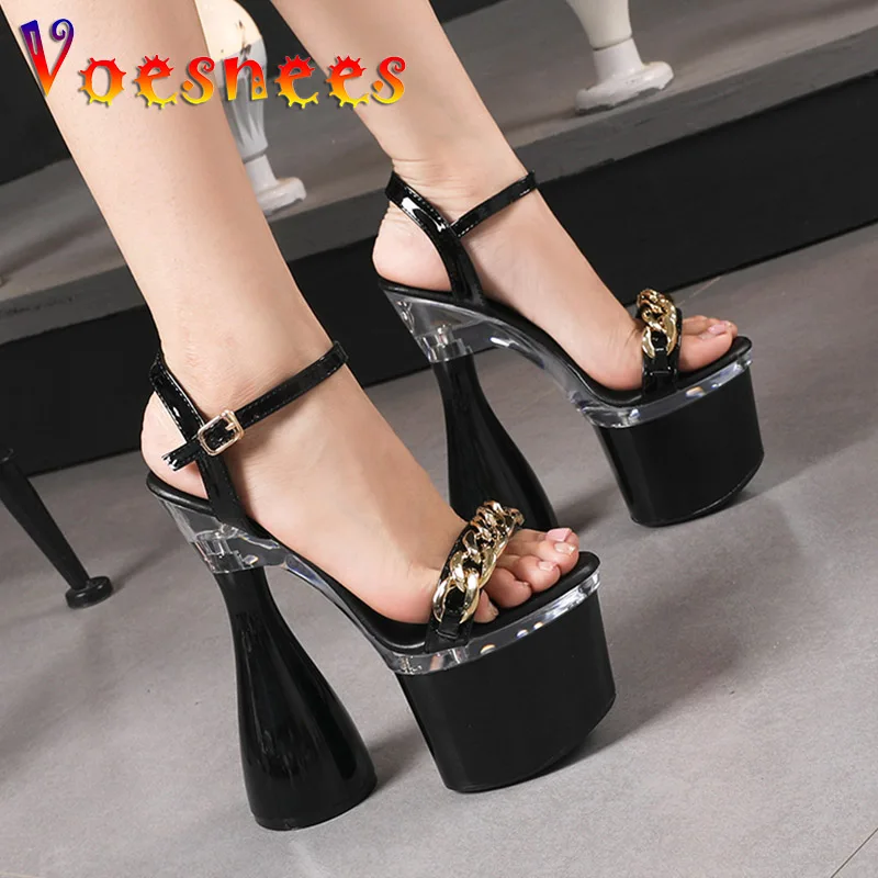 Voesnees Summer Fashion Casual Waterproof Platform Sandals Chunky Heel Shoes Women Golden Chain Embellished High Heels Footwear