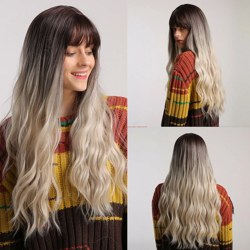 

Long Wavy Ombre Synthetic Wig with Bangs for Women Heatless Curls Trendy Look for cosplay wig