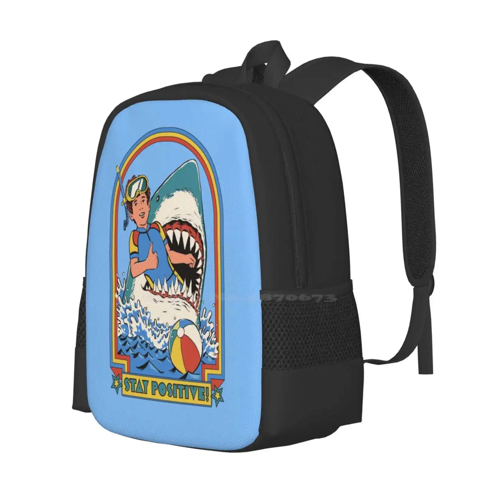 Stay Positive Backpack For Student School Laptop Travel Bag Shark Funny Nostalgia 80S 70S Retro Vintage Activities Swimming