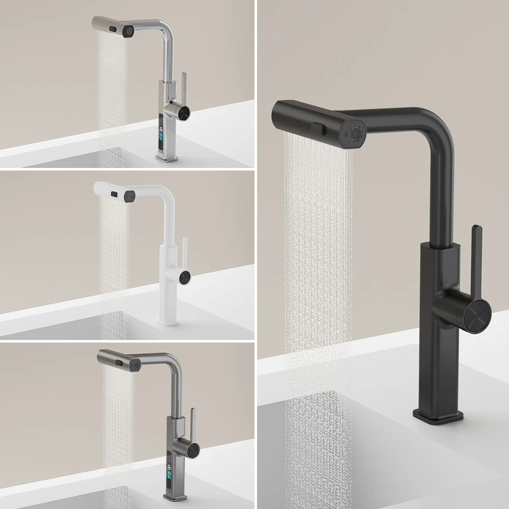 Nowy projekt Waterfall Pull Out Kitchen Tap 360 Rotacyjny zlew kuchenny Kran z pojedynczym uchwytem Bateria o wysokim łuku Czarny metal szary biały