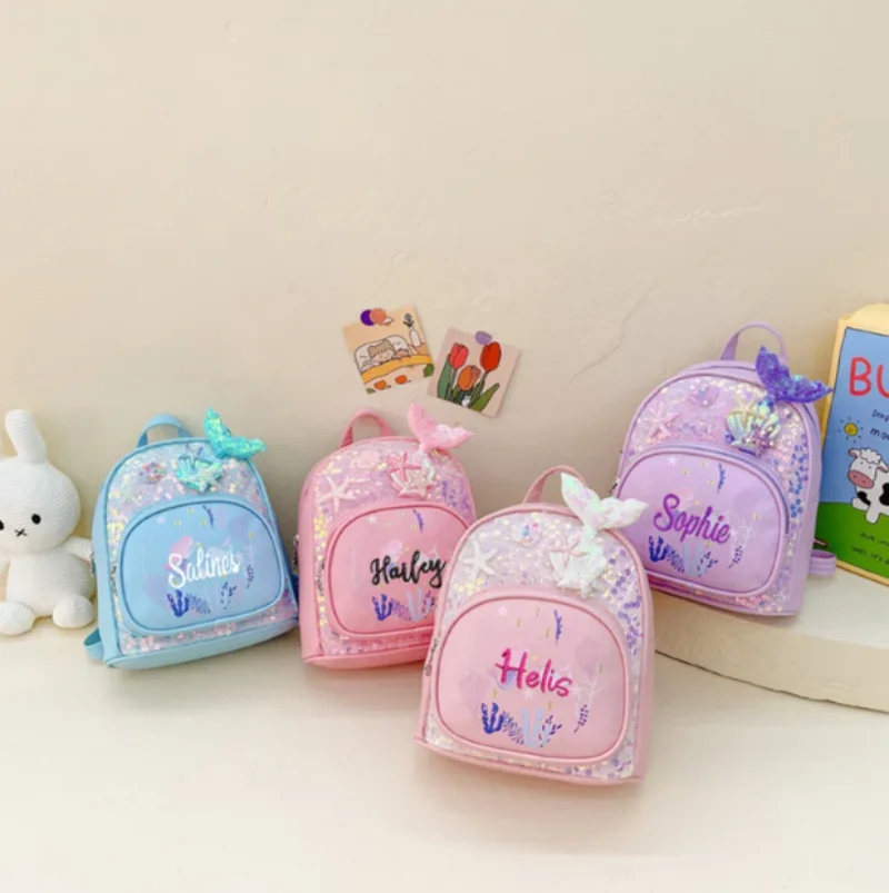 Mochila de lentejuelas de sirena personalizada con nombre bordado, mochila personalizada para niños, bolsa de estudiante para niña de jardín de