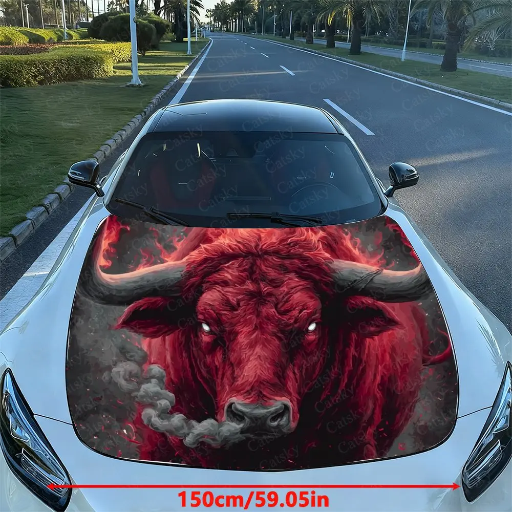 Car Hood Stickers-Flame Red Cattle Design, Durable PVC Vinyl Packaging, Enhanced Protection And Style, Easy To Apply And Disasse