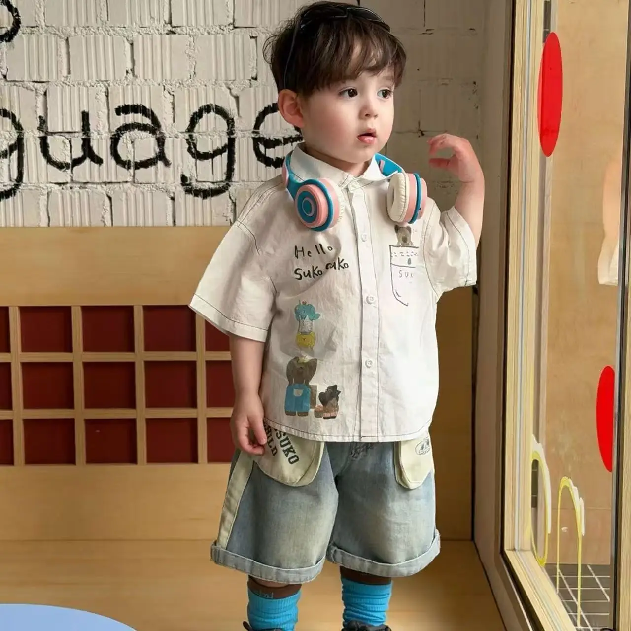 

Children's Set Summer New Boys Baby Short Sleeve Printed White Shirt+Casual Patchwork Design Denim Shorts Set