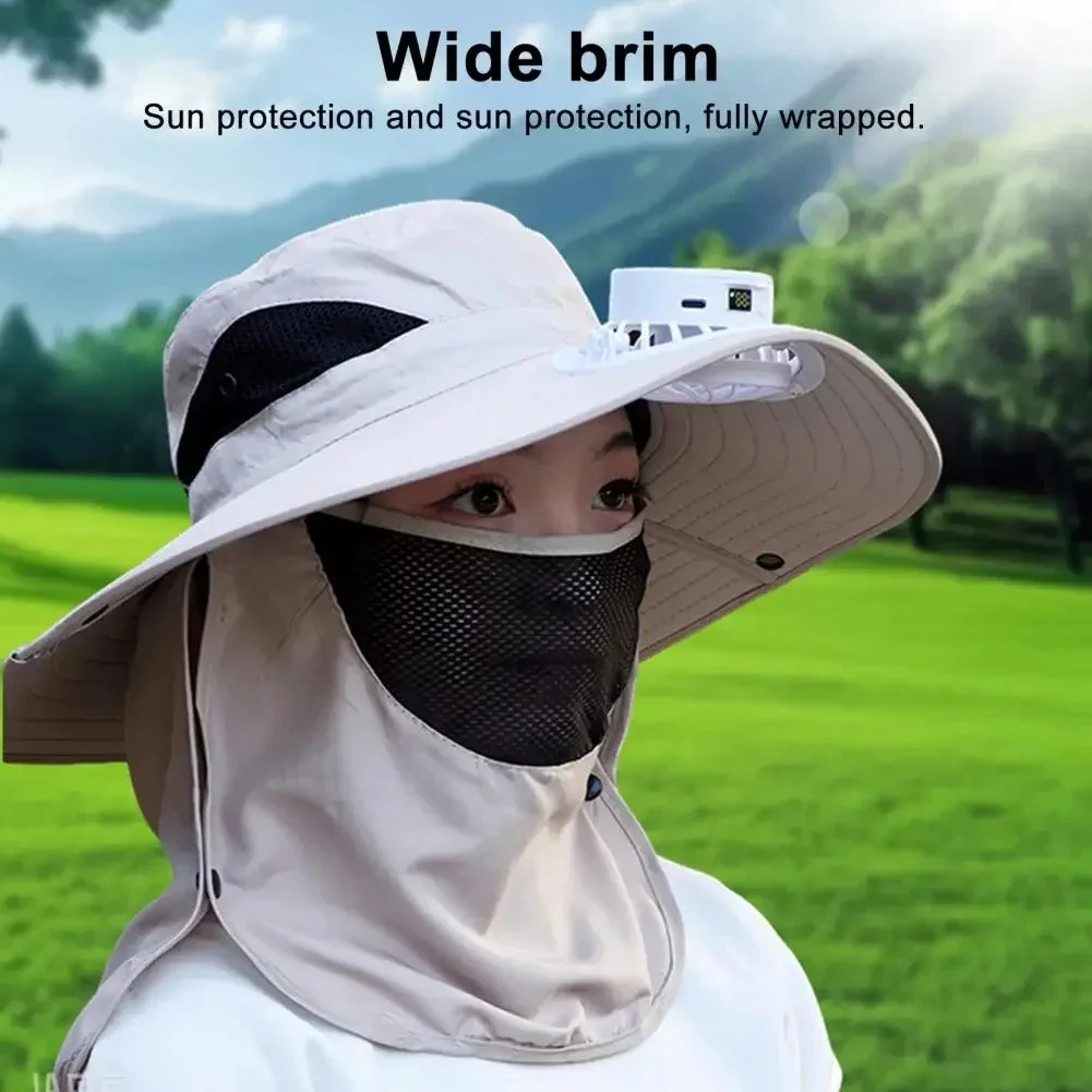 New Solar Fan Hat with Face Guard Neck Flap UV Protection Hat USB Rechargeable Men Summer Outdoor Fishing Wide Brim Bucket Cap