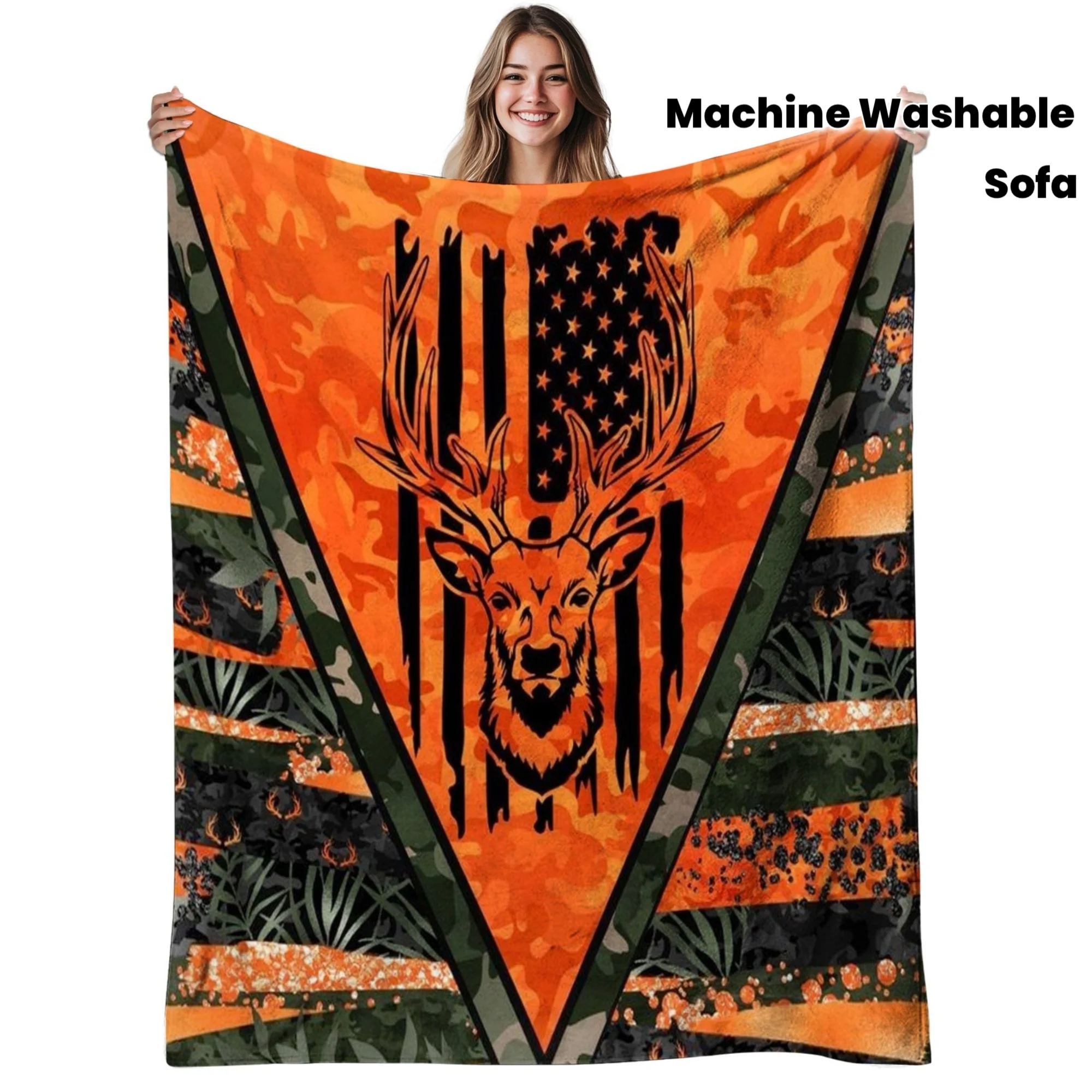 1pc Deer American Flag Camouflage Flannel Blanket - Soft and Warm 240gsm All-Season Bedspread with Deer Head and Antlers, Green/