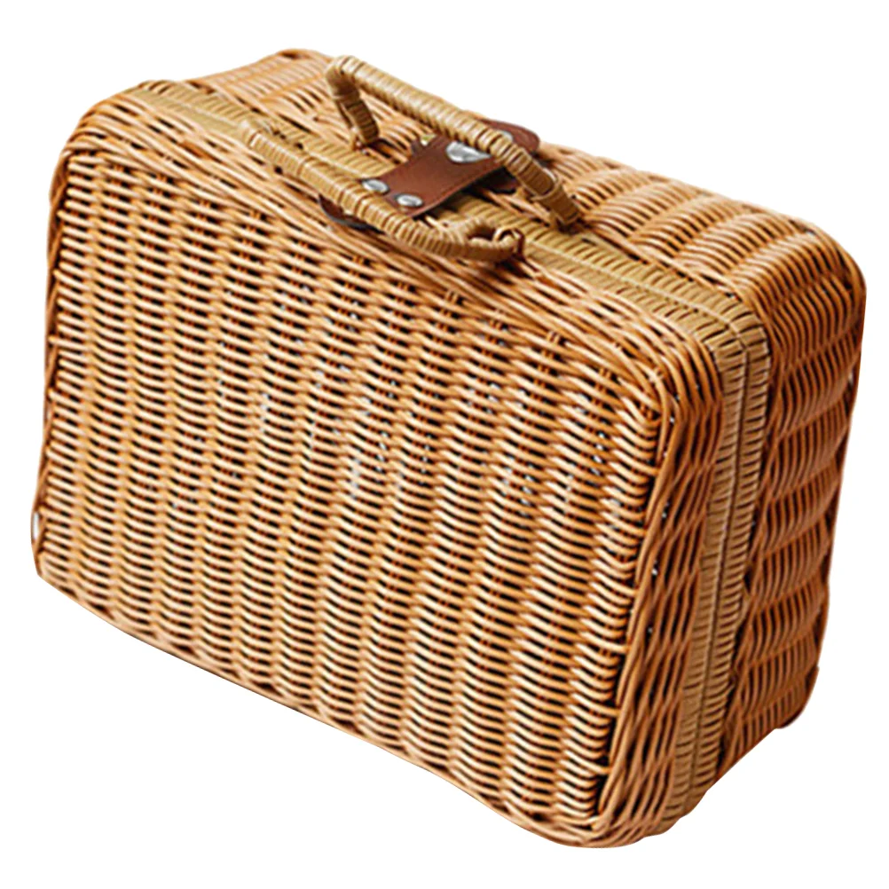 Portable Picnic Baskets Imitation Rattan Suitcase Storage Bins with Lids Simulated Handwoven Hamper Vintage Retro Basket Wicker