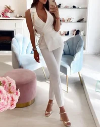 Skinny Woman Jumpsuits Fashion Chain Button Pocket Decor Sleeveless Elegant Jumpsuit Female Office Romper Bodysuit 2024 Summer
