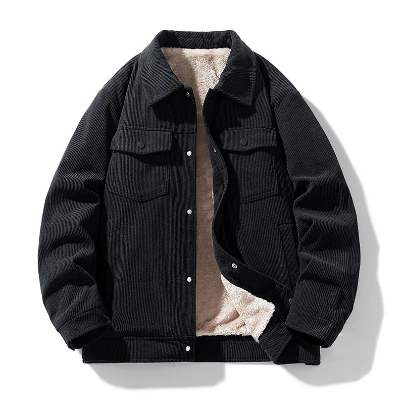 Autumn/Winter Corduroy Fleece Jacket For Men Solid Color Retro Lapel Thicken Jackets American Casual Fashion Male Warm Coat