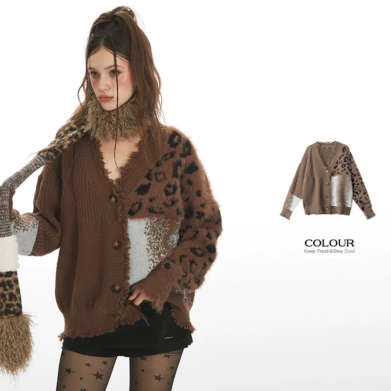 

HeyHenry American Style Leopard Print Knitted Sweater Coat V-Neck Splicing Fashionable Women's Autumn Winter Open Cardigan