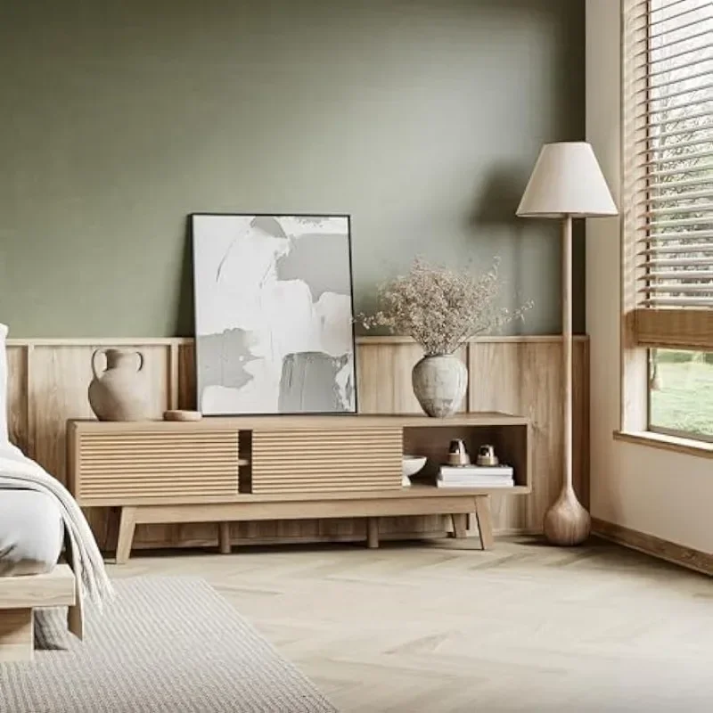 

y59" Mid Century Modern Wood TV Console, Boho TV Stand for 55/60/65 Inch TV, Low Profile Media Console with Fluted Sliding Door