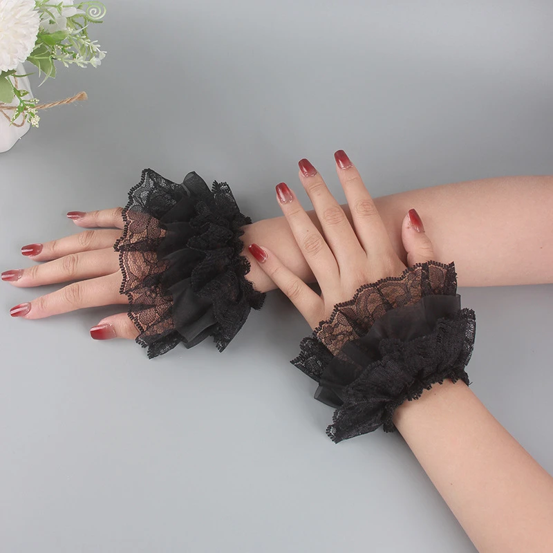 Mangas falsas de encaje multicapa cortas para niña, decoración con volantes, muñequeras sin dedos, guantes de novia para boda, pulsera de disfraz de sirvienta